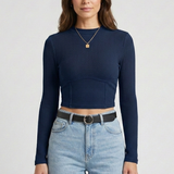 Valeen | Trendy Fitted Crop Top med Lange Ærmer og Høj Rund Udringning