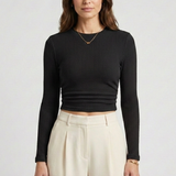 Valeen | Trendy Fitted Crop Top med Lange Ærmer og Høj Rund Udringning