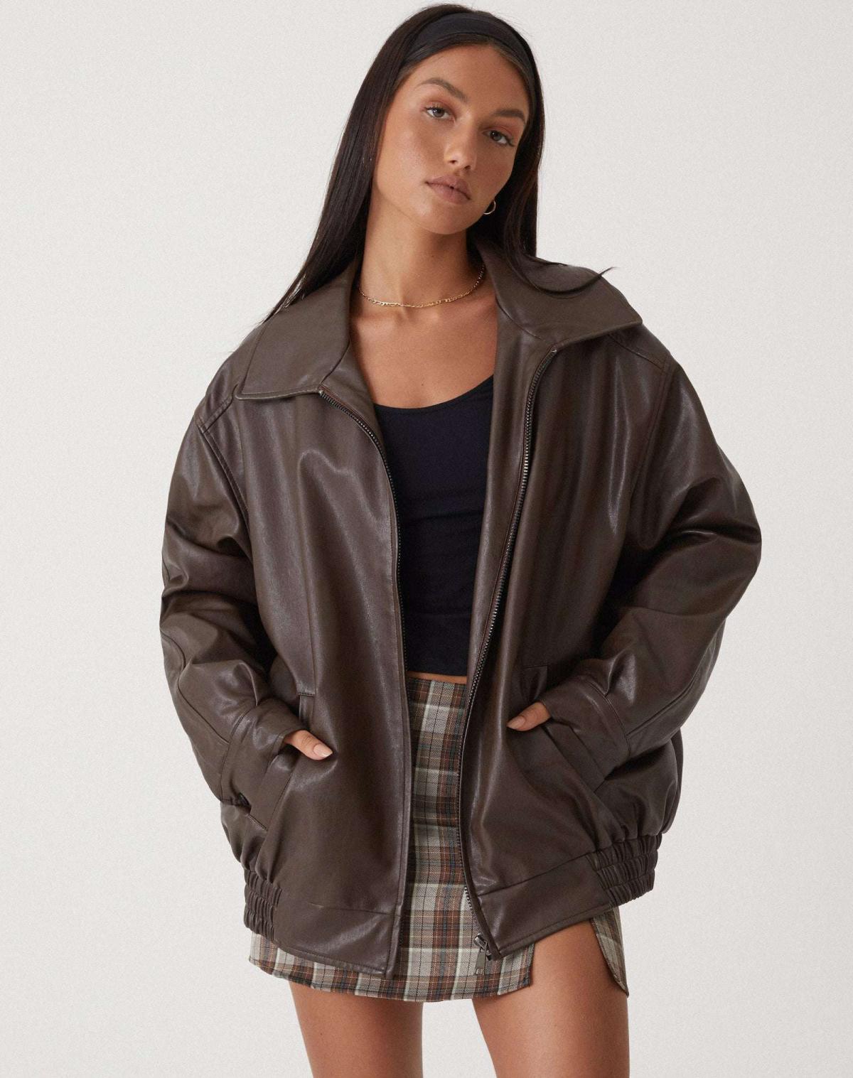 Sophia Oversized Imiteret Læderjakke – Trendy PU Kunstlæder til Damer