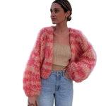 Damecardigan med pink og lyse beige striber, åben front og lange ærmer
