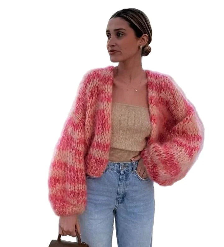 Damecardigan med pink og lyse beige striber, åben front og lange ærmer