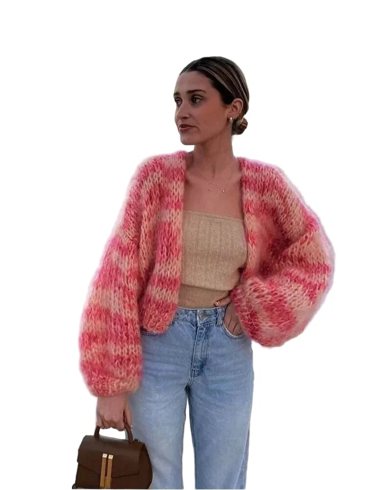 Damecardigan med pink og lyse beige striber, åben front og lange ærmer