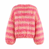 Damecardigan med pink og lyse beige striber, åben front og lange ærmer