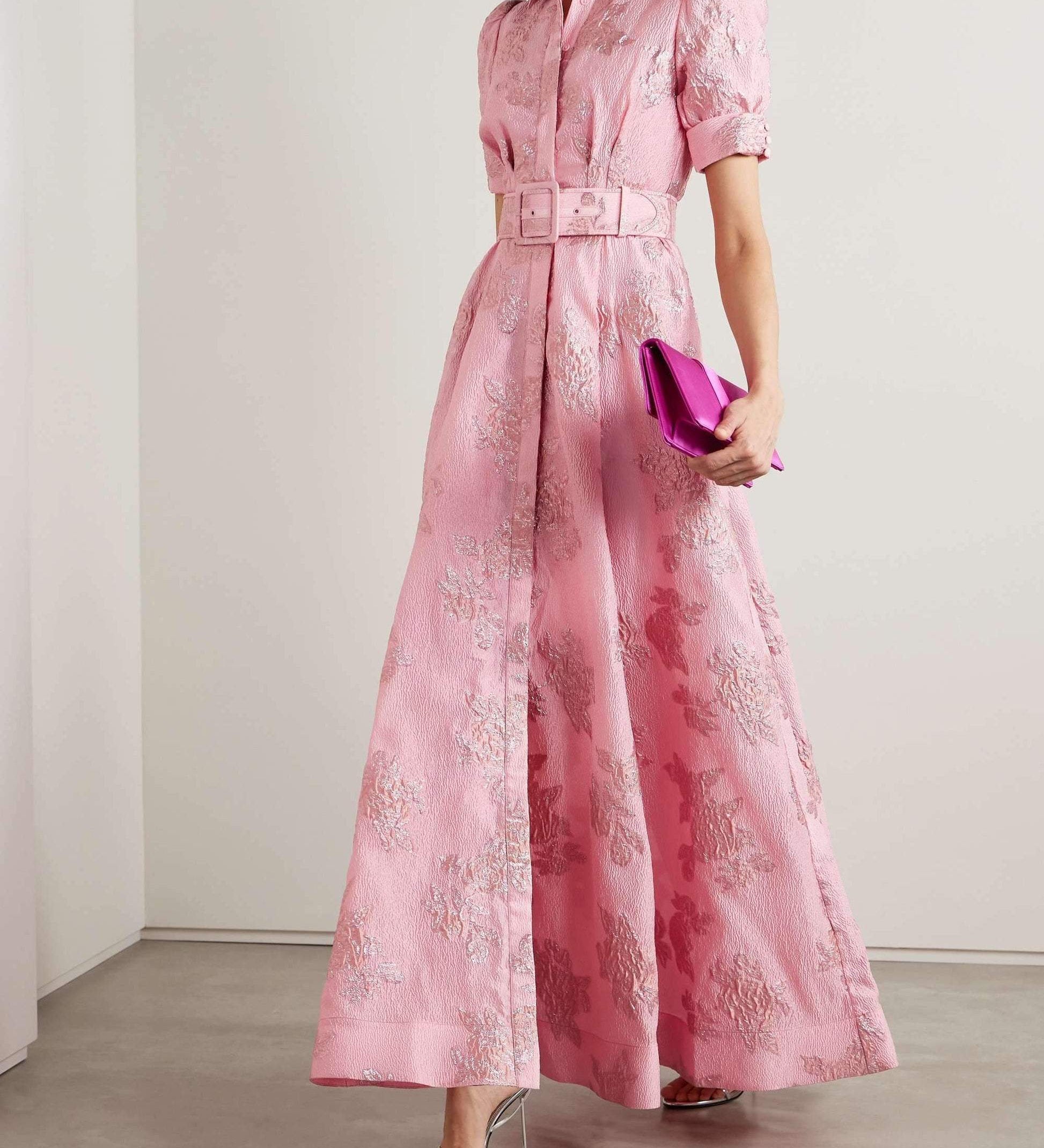Kvinders Florale Jacquard Maxi – Bælte med Skjortekrave og Puffærmer Bryllupsgæst Kjole