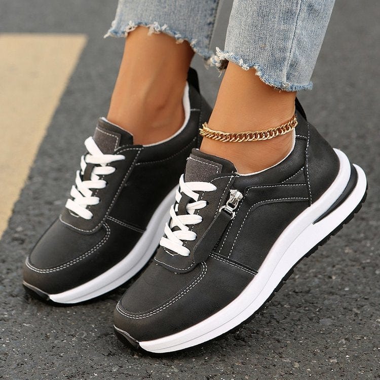 Kvinders Snøre-Op Zip Sneakers – Paneleret Overdel Platform Såle Casual