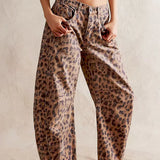 Kvinders Leopardprint Bred Ben Denim Jeans – Høj Talje Barrel Fit Casual